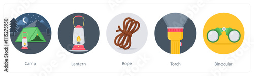 A set of 5 camping icons as camp, lantern, rope
