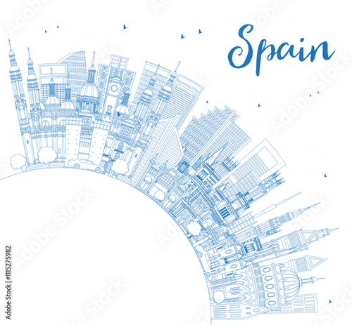 Outline Spain City Skyline with Blue Buildings and Copy Space. Modern and Historic Architecture. Spain Cityscape with Landmarks. Madrid. Barcelona. Valencia. Seville. Zaragoza.