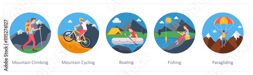 A set of 5 camping icons as mountain climbing, mountain cycling, boating