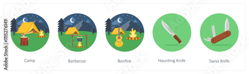 A set of 5 camping icons as camp, barbecue, bonfire