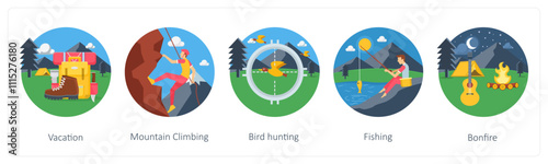 A set of 5 camping icons as vacation, mountain climbing, bird hunting