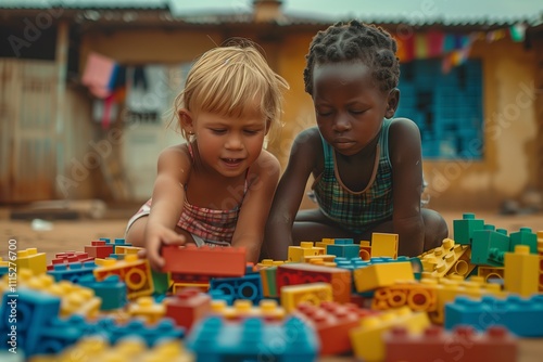 Two children play with colorful building blocks in a vibrant outdoor setting. photo