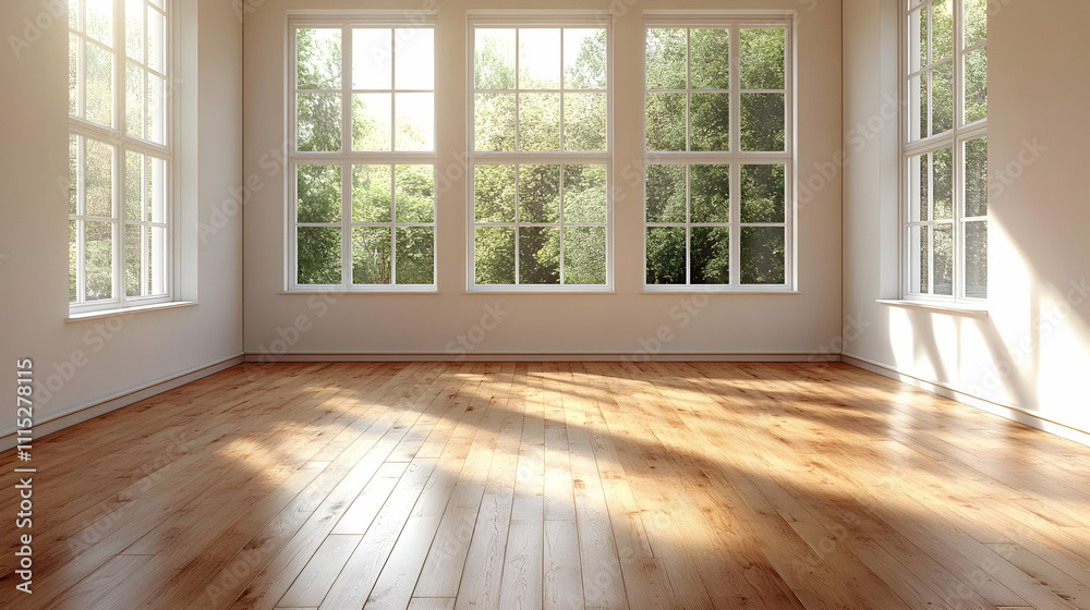 Sunlight Streams Through Large Windows into Room with Hardwood Floors Sunlight Streams Through Large Windows into Room with Hardwood Floors