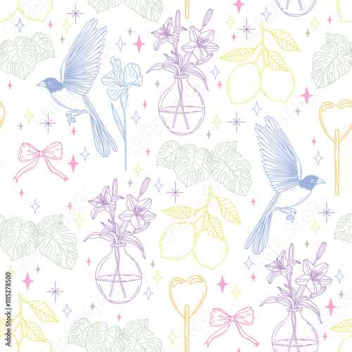 Cute Seamless Pattern with Birds, Bows, Flowers in Vases, Lemons, and Lollipops. Hand-Drawn Vector background