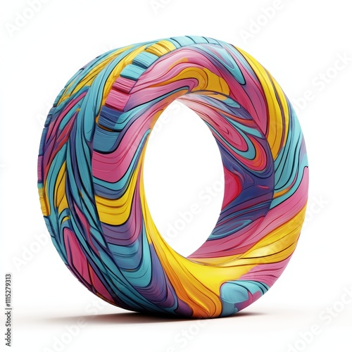 A tire painted with vibrant abstract designs, isolated on white background, symbolizing creativity and color, perfect for art installations, product advertisements, unique branding projects