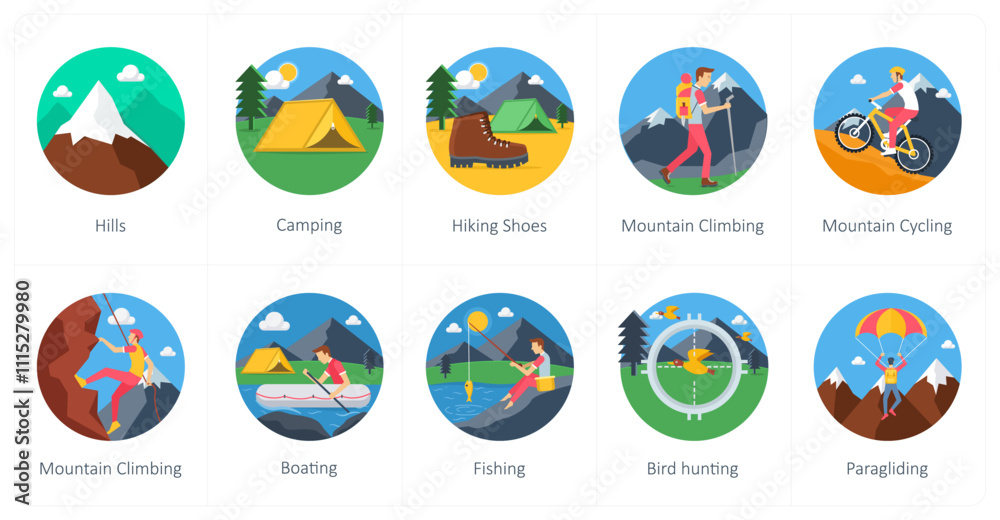 Fototapeta premium A set of 10 camping icons as hills, camping, hiking shoes