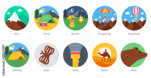 A set of 10 camping icons as hills, camp, bonfire