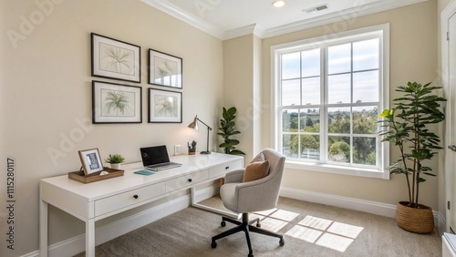 Wallpaper Mural Minimalist private office, a bright private office with a sleek white desk placed near a large window Torontodigital.ca