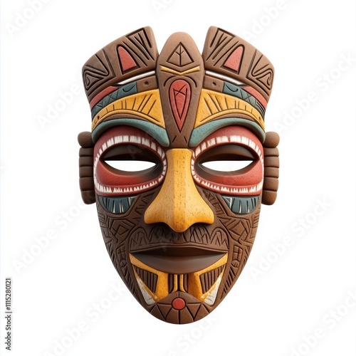 A tribal mask with bold carvings and colors, isolated on white background, symbolizing tradition and creativity, ideal for art installations, storytelling visuals, handcrafted product branding photo