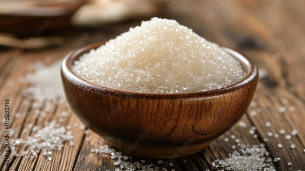 A bowl filled with granulated sugar on a wooden surface, highlighting its texture. A bowl filled with granulated sugar on a wooden surface, highlighting its texture.