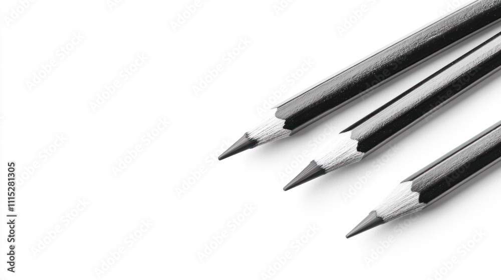 Three sharpened pencils arranged in a row on a white background. Three sharpened pencils arranged in a row on a white background.