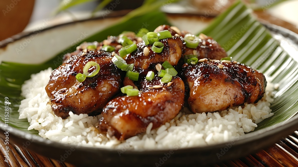 Close-up of glazed chicken pieces served over white rice on a banana leaf. Close-up of glazed chicken pieces served over white rice on a banana leaf.