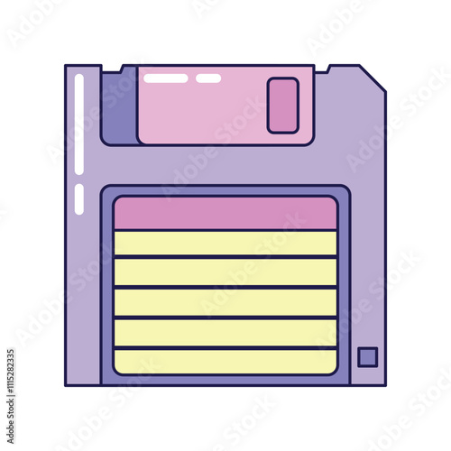 Vintage Computer Floppy Disk on white background. Retro illustration with outline in 90s style. Isolated vector illustration.