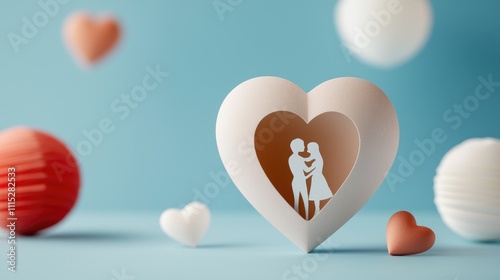 Romantic 3D Silhouette of Couple Inside Heart Shape Surrounded by Colorful Orbs on Soft Blue Background for Valentine's Day or Love Themes