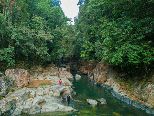 Drone shot of amazing canyon with unique rock formations at Cunca Wulang, West Manggarai, Indonesia photo