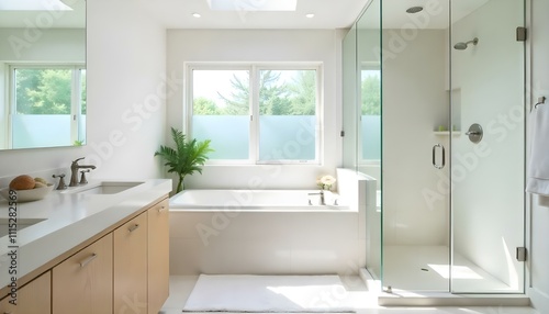 A modern, bright, and spacious bathroom with a large bathtub, glass windows, and natural light streaming in