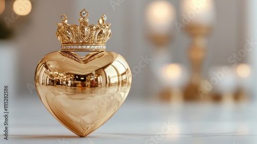 Shimmering Gold Heart with Crown in Soft Focus Setting, Representing Love and Elegance in 3D, Exquisite Texture and Standard Scale for Decorative and Romantic Themes