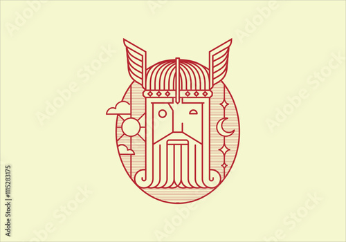 Ilustration line art Minimalist Valkyrie Warrior Art with Winged Helmet