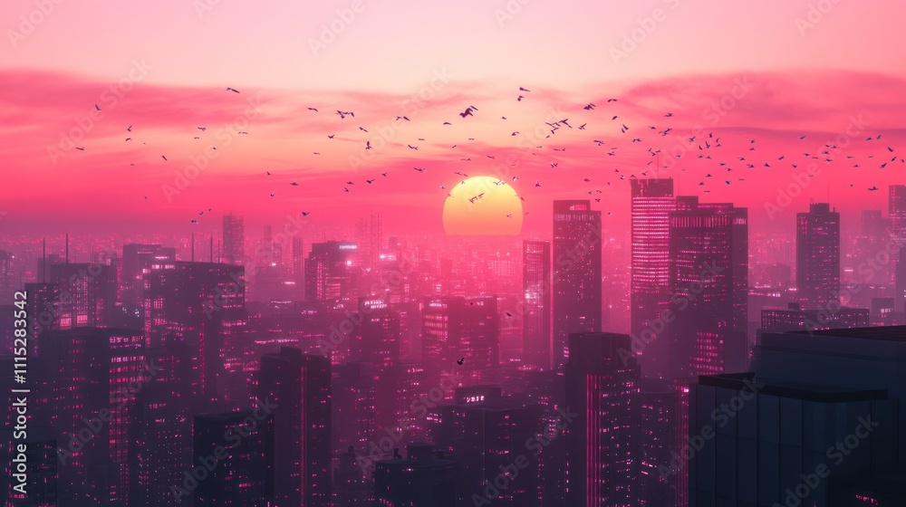 Fototapeta premium Pink Sunset Over Futuristic Cityscape