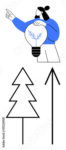 Person holding a lightbulb with a small tree inside while pointing up. Includes geometric tree and arrow symbols symbolizing direction and progress. Ideal for innovation, growth, ideas