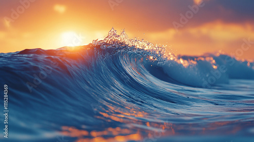 vibrant wave rolls over the shore in a stunning sunset scene with vivid colors symbolizing change, nature's power, and the harmony between water and light at the end of a day
