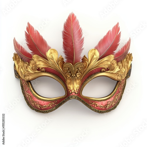 An ornate masquerade mask with feather details, isolated on white background, representing sophistication and artistic flair, perfect for festival advertisements, party decor branding photo