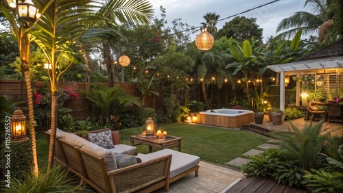 A vibrant backyard filled with tropical plants like palm trees and ferns photo