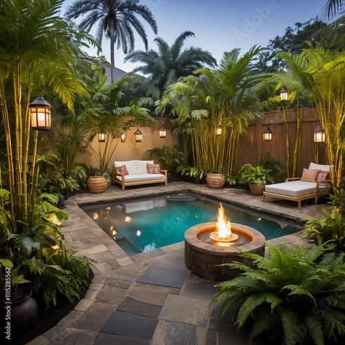 A vibrant backyard filled with tropical plants like palm trees and ferns photo