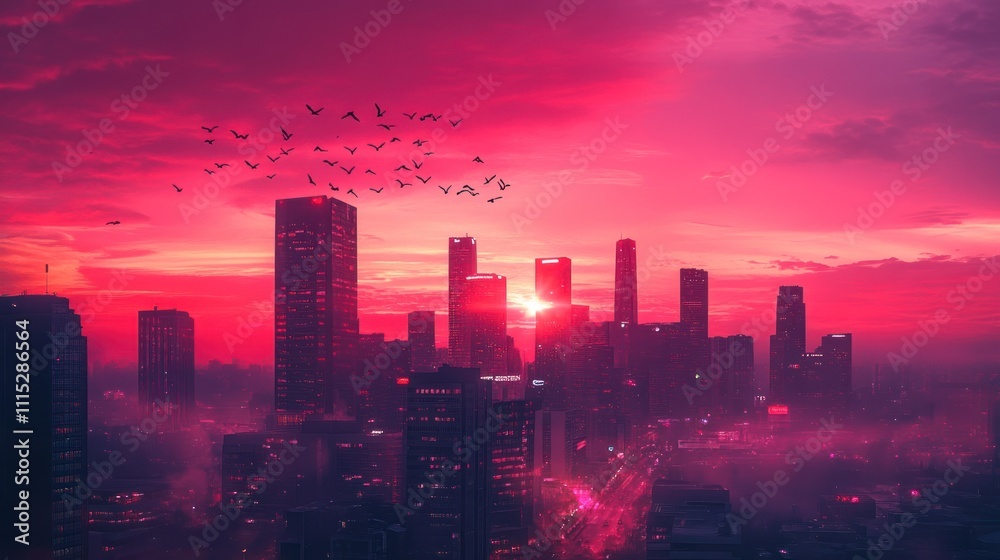 Obraz premium Crimson Cityscape: A Stunning Sunset over Urban Skyline