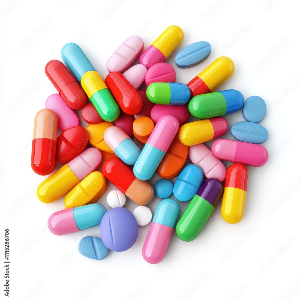 Pills in every color of the rainbow, scattered creatively, isolated on white background, representing diversity and vibrancy, perfect for healthcare branding, creative advertising Pills in every color of the rainbow, scattered creatively, isolated on white background, representing diversity and vibrancy, perfect for healthcare branding, creative advertising