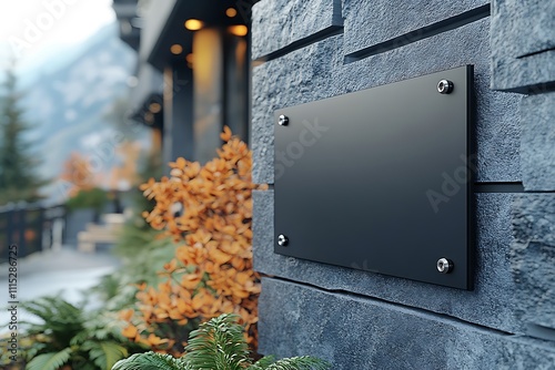 Blank black glass signboard on gray textured wall mockup. Empty hanging plexiglas nameplate mock up. Clear dark namesign on wal for corporate or store title mokcup template.
