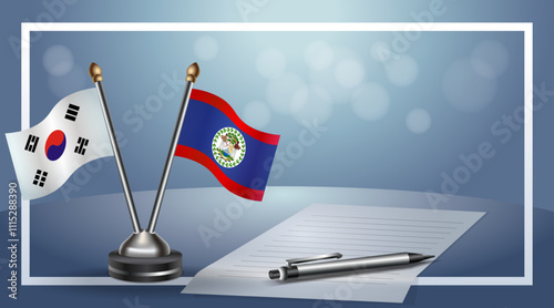 South Korea and Belize Small national flag on bokeh background, cooperative relationship