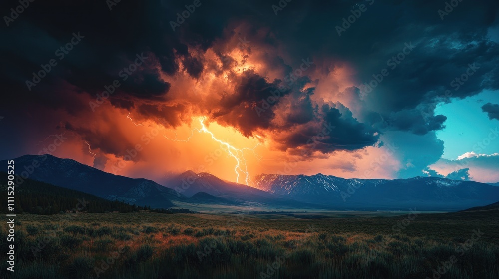 Obraz premium Majestic Mountain Landscape with Dramatic Lightning Storm