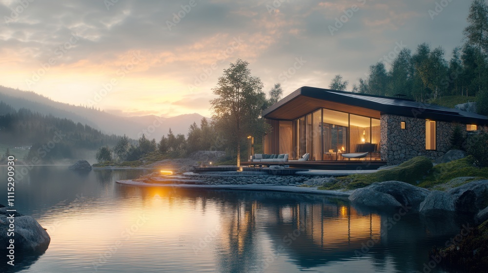 Obraz premium Modern Cabin by the Lake at Sunset