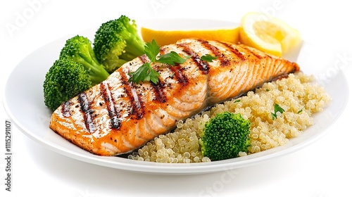 Grilled salmon fillet with quinoa and broccoli on a white plate. Generative ai