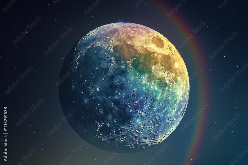 Fototapeta premium A breathtaking panorama of a vibrant rainbow arching across a starry night sky at dusk near a mountain range during the magical transition from day to night