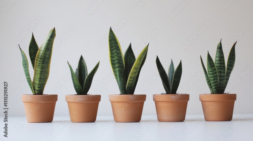 Five potted snake plants arranged in a row on a clean, minimalist surface. Five potted snake plants arranged in a row on a clean, minimalist surface.