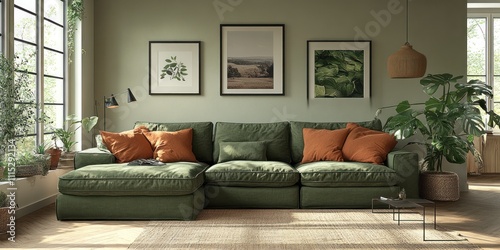 Wallpaper Mural Green Sectional Sofa Living Room Decor With Plants Torontodigital.ca