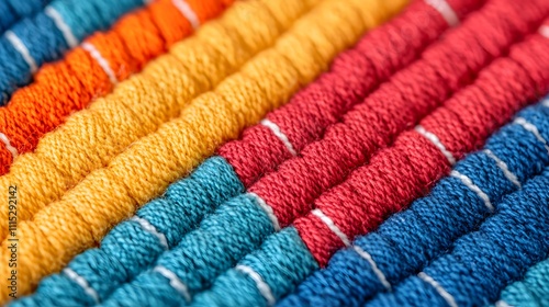 Vibrant Display of Frayed Fabric with Bold Stitches in Bright Colors Evoking Creative Inspiration. Perfectly Imperfect Concept