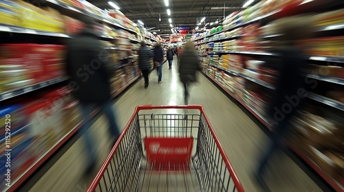 Blurred View of Supermarket Aisle with Red Shopping Cart in Motion, Brightly Lit Shelves and Busy Atmosphere photo