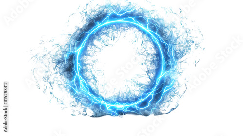 glowing electric green lightning round frame with plasma portal, isolated on a transparent background