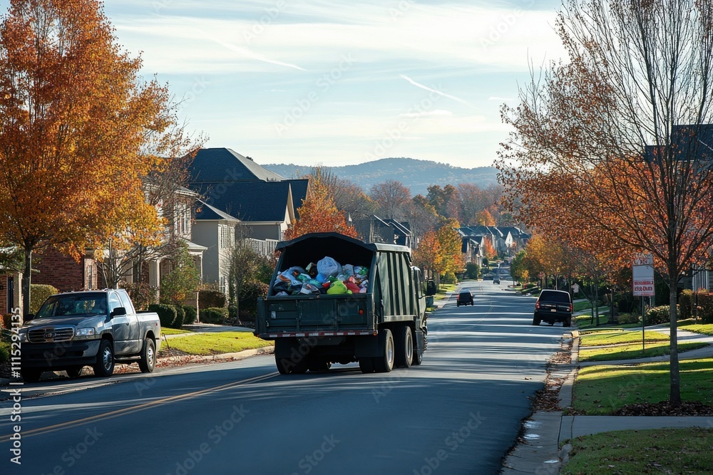Obraz premium Waste collection vehicle navigating suburban streets autumn scene photography residential area eye-level view community cleanliness