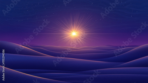 Celestial Sunrise Over Serene Dunes Under a Starry Sky