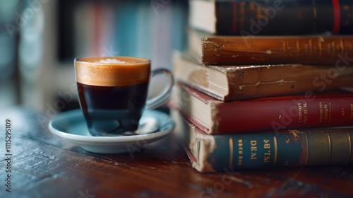 An elegant composition featuring a rich espresso alongside a stack of books.