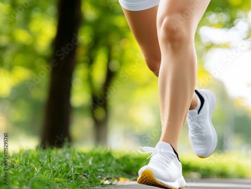 A close-up of a person jogging on a path surrounded by greenery. photo