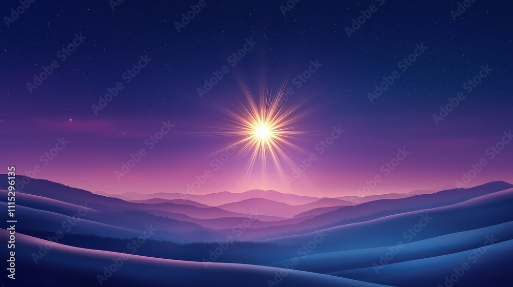 Obraz premium Golden Starburst Illuminating Layered Hills at Dusk