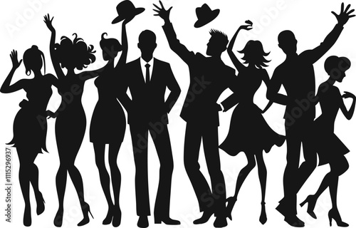 Group of Party People Silhouette - Vector Illustration on black and white.