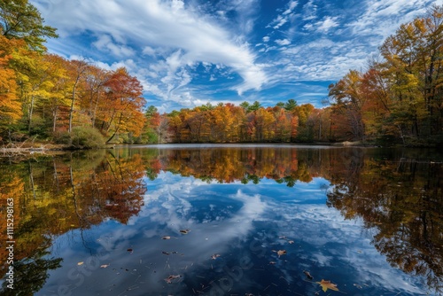 Vibrant autumn landscape reflecting on a tranquil lake surrounded by colorful trees in a serene natural setting during midday