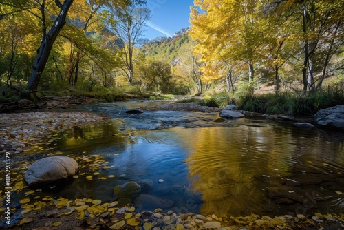 Vibrant autumn landscape reflecting on a tranquil lake surrounded by colorful trees in a serene natural setting during midday