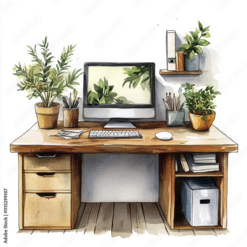Fototapeta premium Watercolor Home Office Desk Plants | Watercolor illustrations